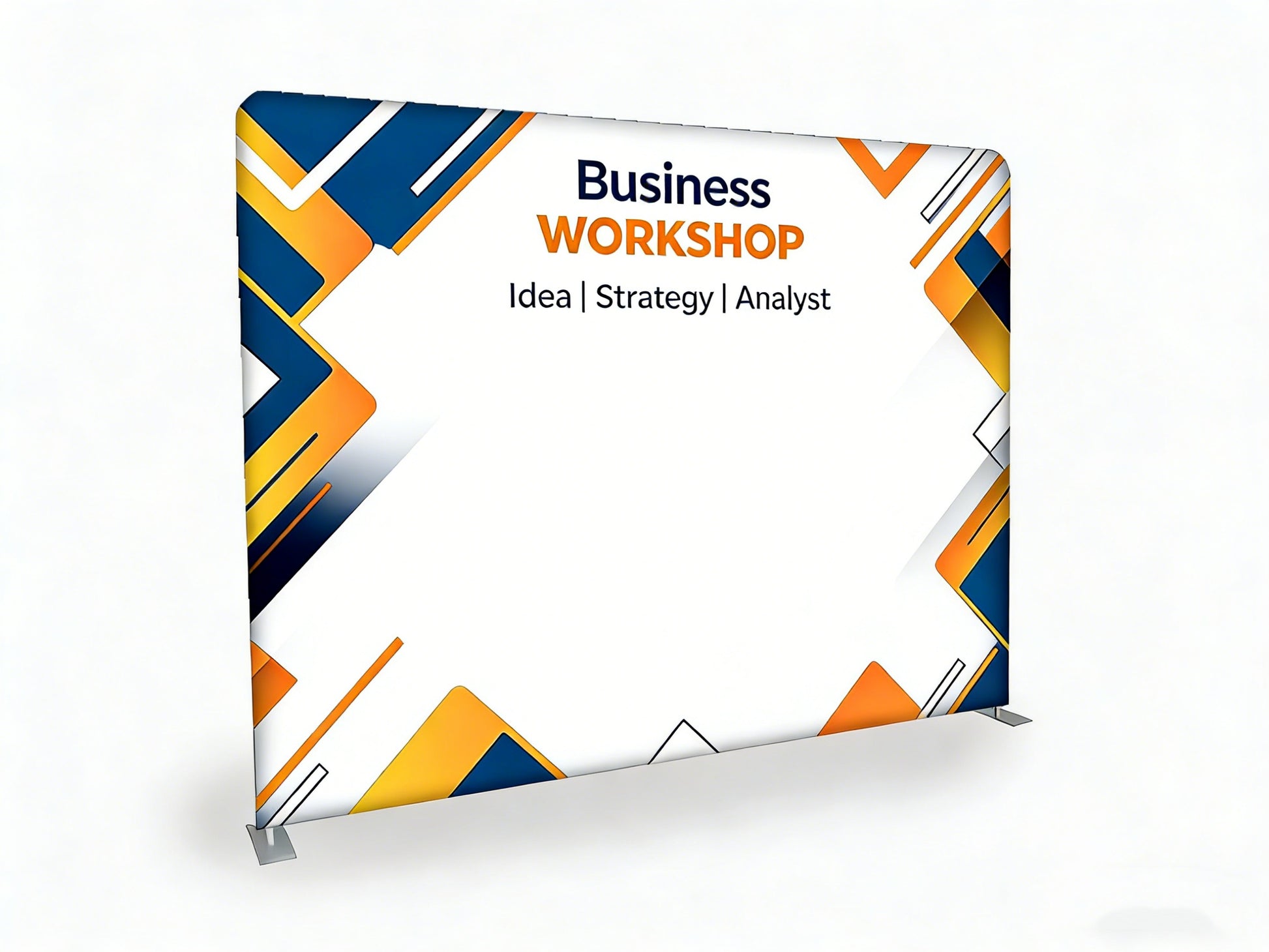 Promotional banner for a business workshop with geometric design on a white background