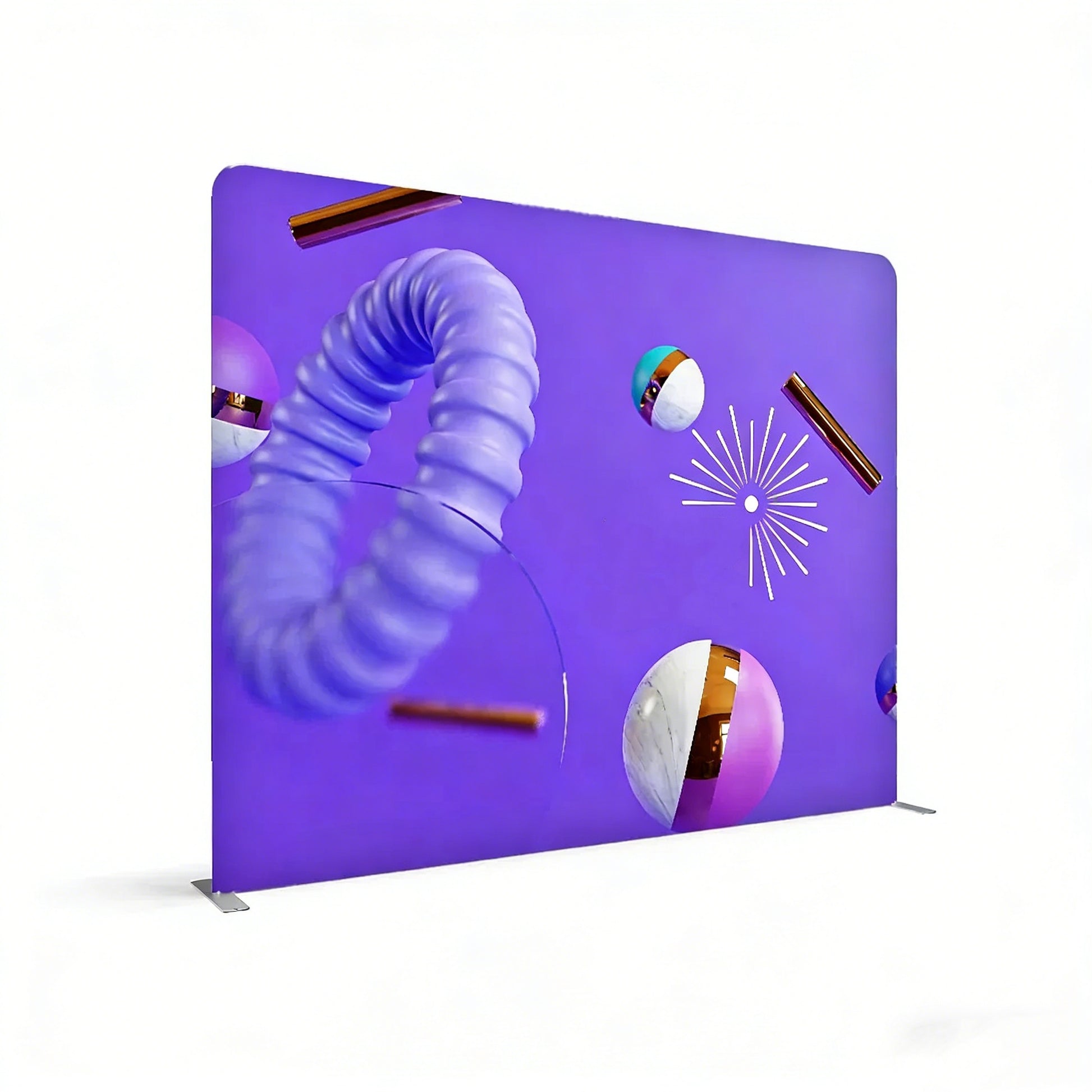 Purple display stand with abstract designs on a white background