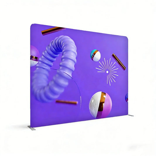 Purple display stand with abstract designs on a white background