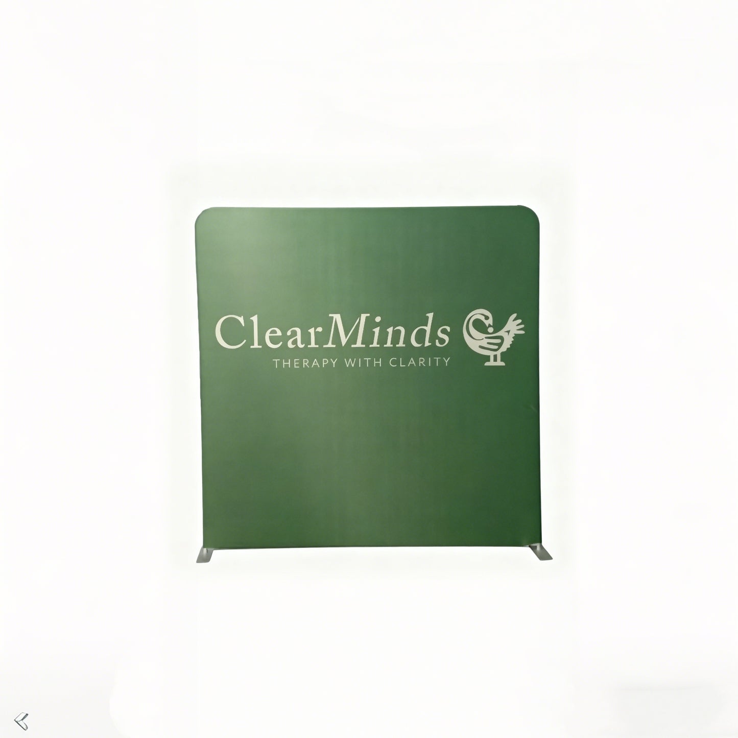 Green display board with 'ClearMinds' logo on a white background