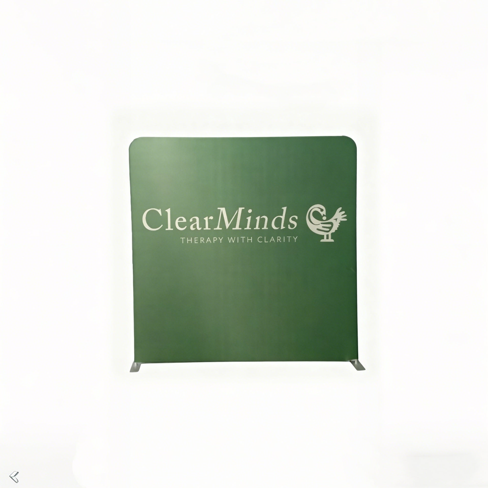 Green display board with 'ClearMinds' logo on a white background