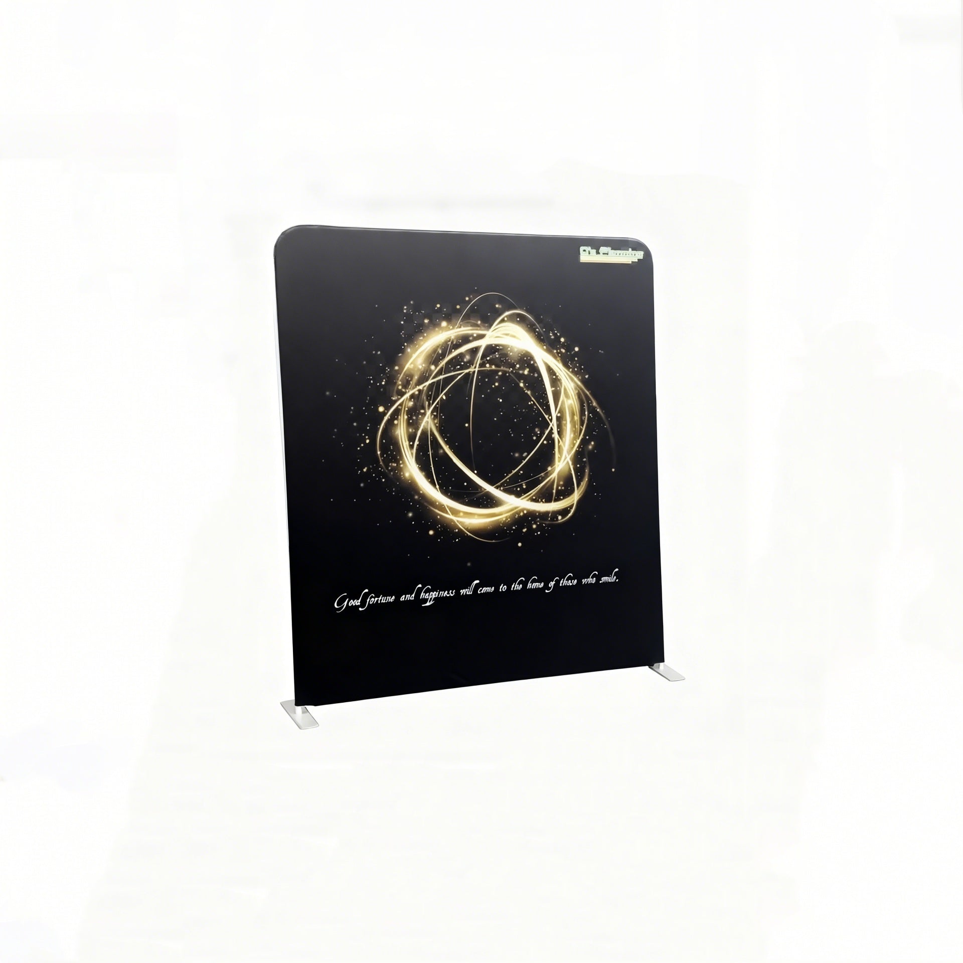 Black display stand with gold circular design and text on a white background